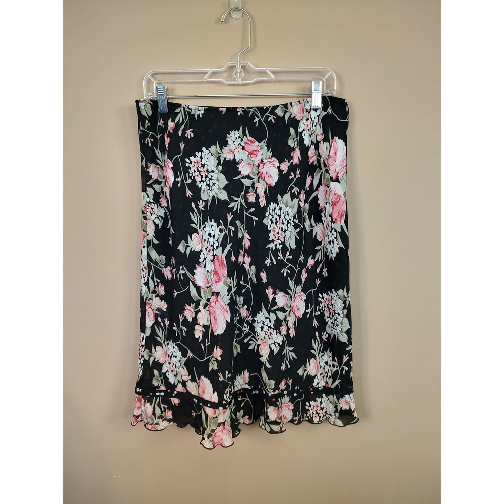 Floral Polka Dot Midi Skirt‎ Black Pink Ruffle Lettuce Hem Size M RN 58539